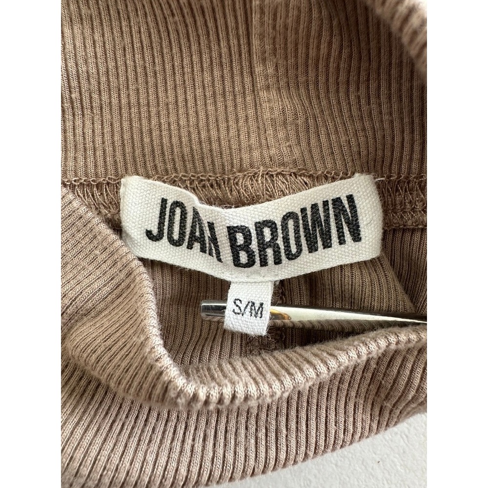 Joan Brown Mock Neck Top S/M Taupe Brown Stitch Flexrib Long Sleeve Thumbholes - Picture 2 of 6
